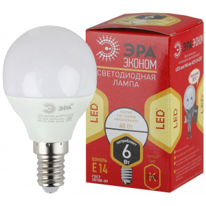 Лампа ЭРА LED P45-6w-827-E14 ECO (6Вт.420лм.2700К) 1 год гарантии