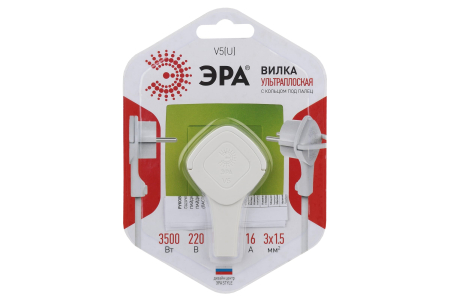 Вилка ЭРА V5 (U) ультраплоская с/з 16А с кольцом, белая